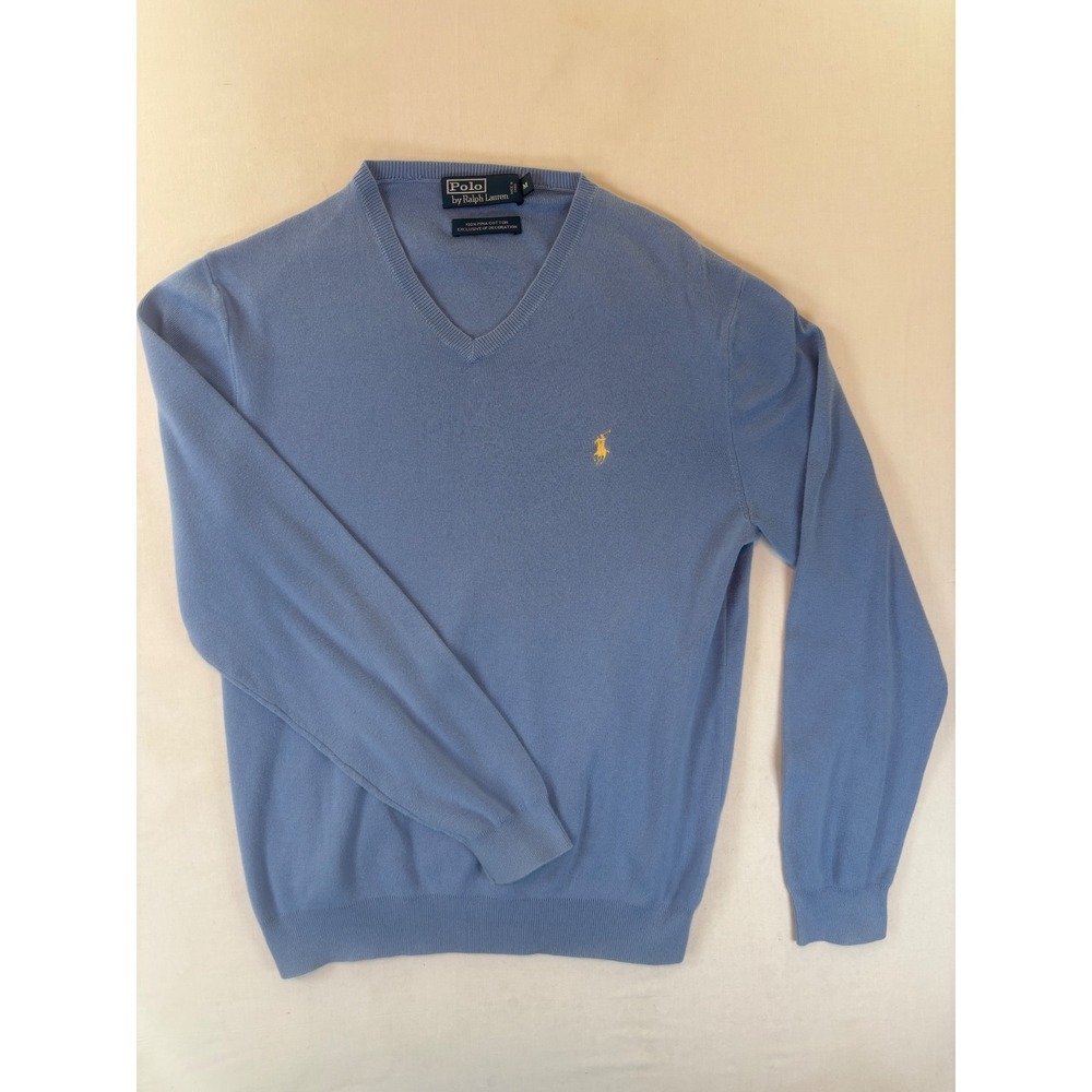 Polo Ralph Lauren V-Neck Sweater Mens Medium Blue 100% Pima Cotton Yellow Pony
